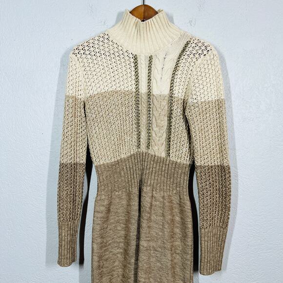 Moda INternational Chain Accent Sweater Dress Sheath Long Sleeve Tan - S - Picture 5 of 12